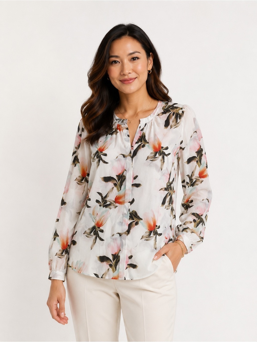 Ecru White Floral 100% Silk
Blouse N229-18